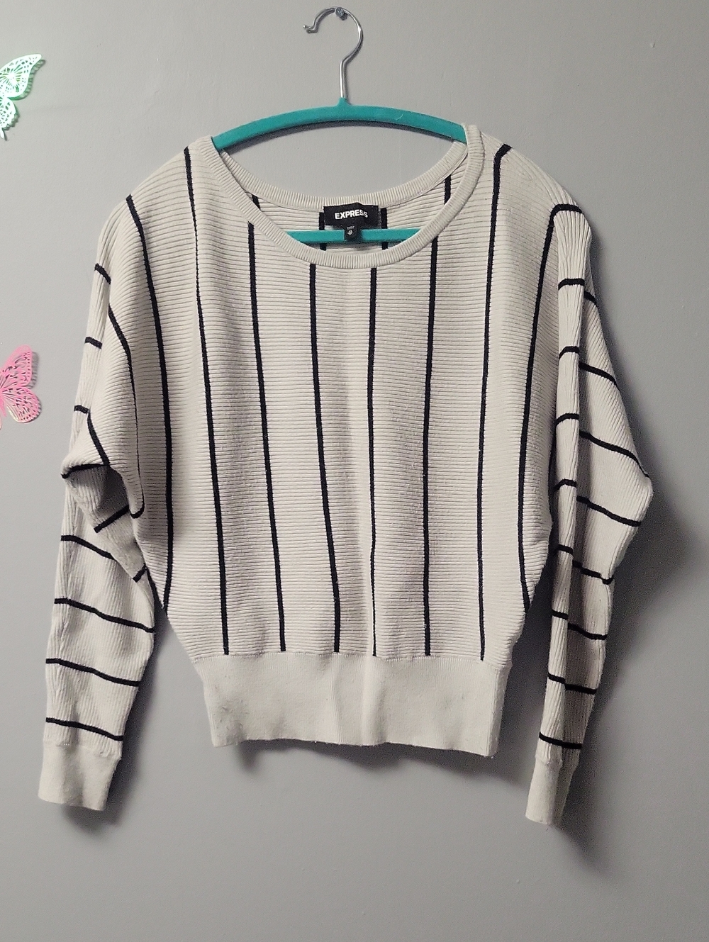 Express Cream Crewneck Sweater with Black Vertical Stripes